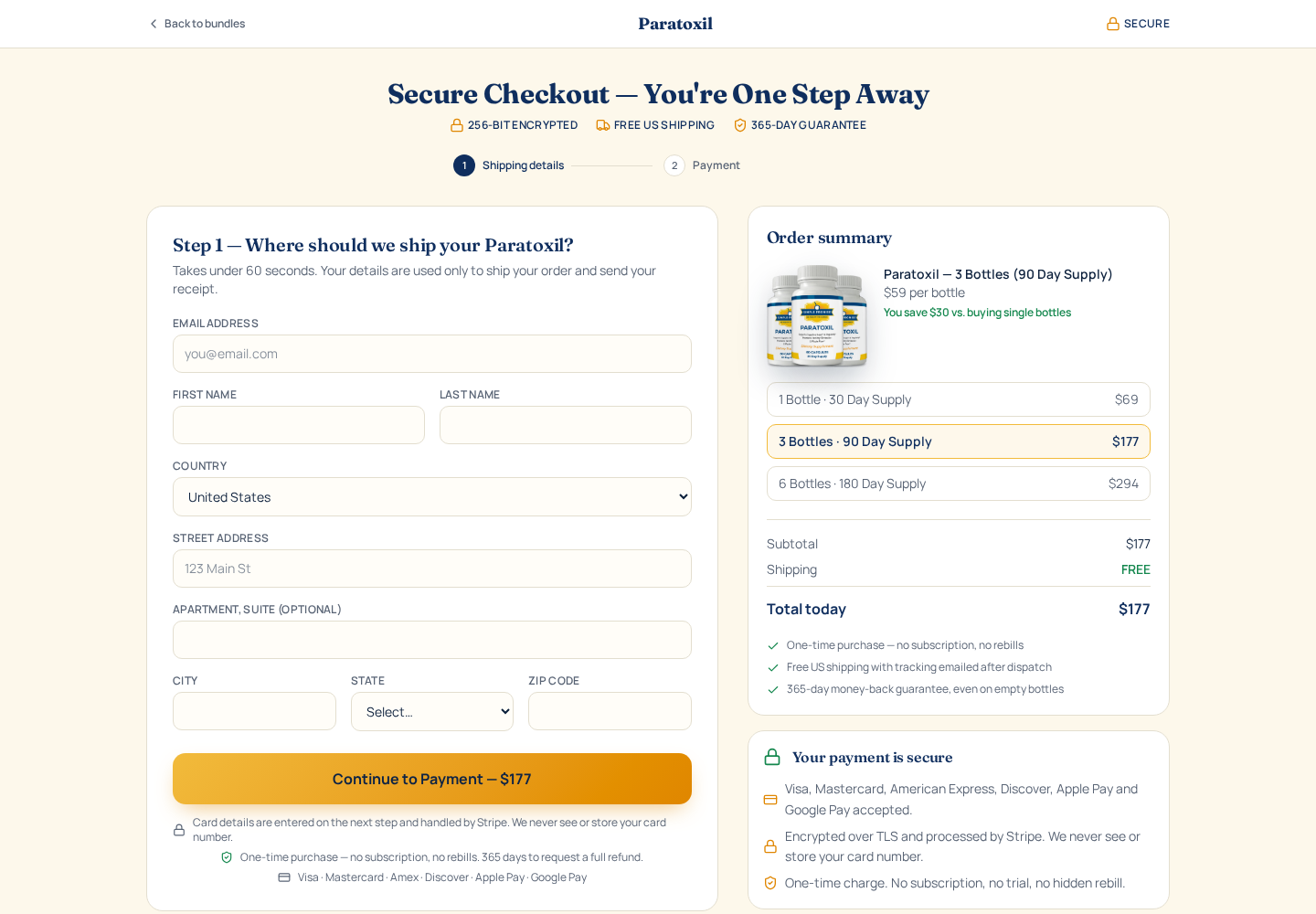 Original public GetParatoxil checkout screenshot displaying a three-bottle total and one-time purchase wording
