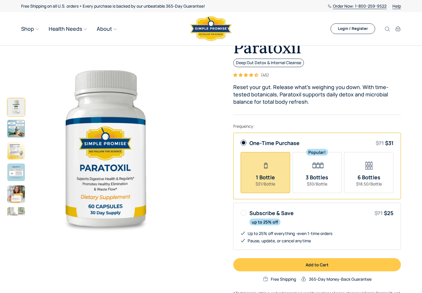 Original Simple Promise product-page screenshot showing Paratoxil and separate one-time and subscription choices