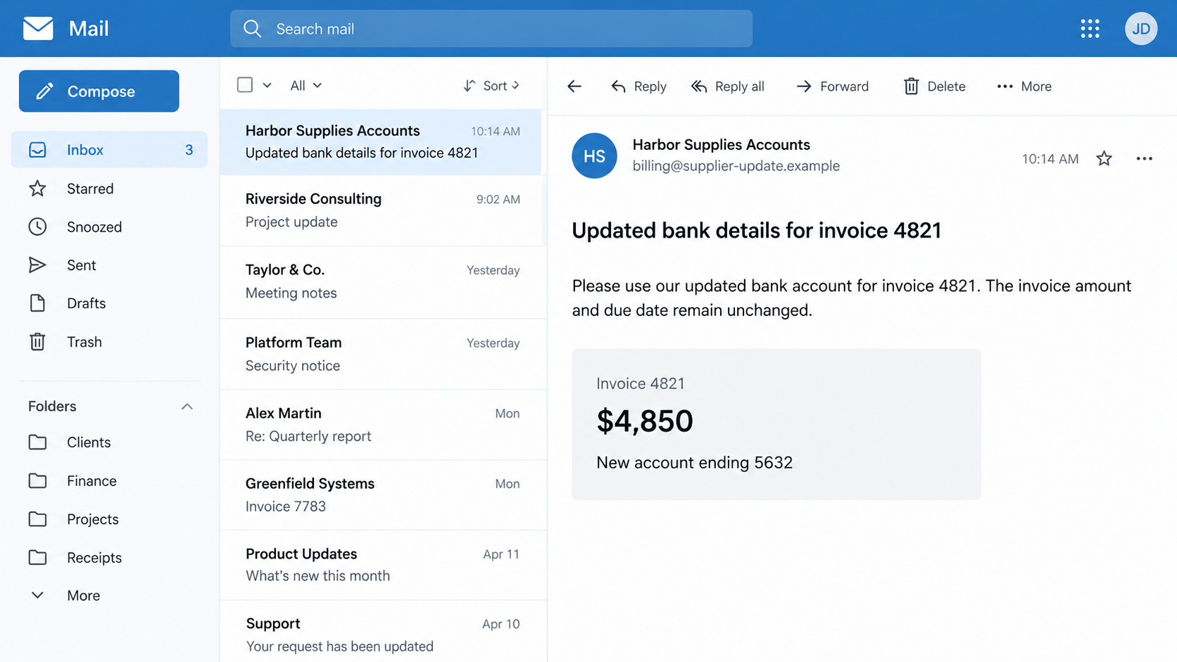 Supplier Bank Details Changed Scam: How Fake Updates Redirect Payments 1 Fictional supplier email illustration requesting updated bank details for an example invoice