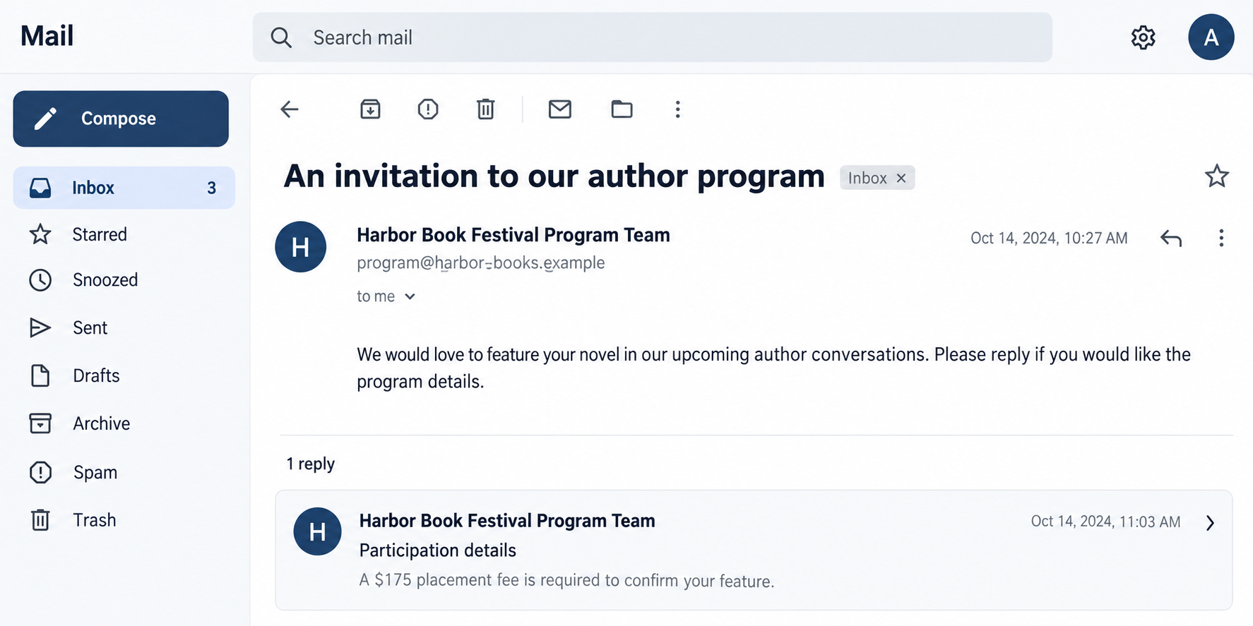 Author Invitation Scams Exposed: Fake Book Festivals and Interview Offers 1 Fictional author invitation email illustration followed by a placement-fee request