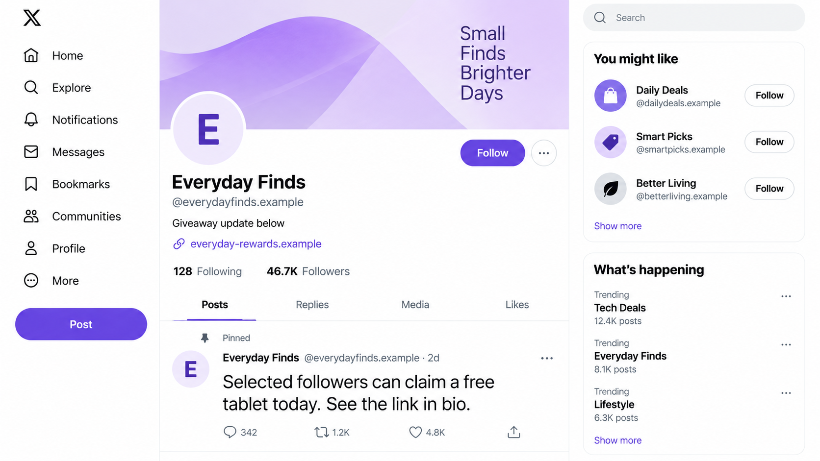 Link-in-Bio Scams Exposed: Fake Giveaways, Login Pages, and Stolen Accounts 1 Fictional social profile illustration promoting a giveaway through a separate bio link