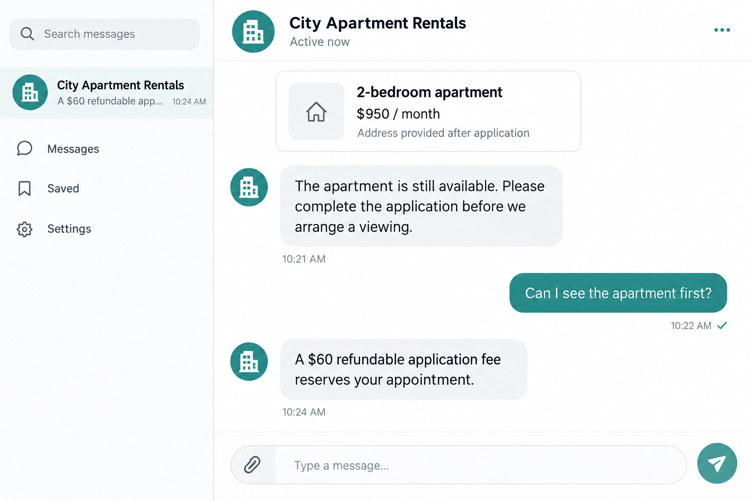 Fictional rental message illustration demanding an application fee before an apartment viewing
