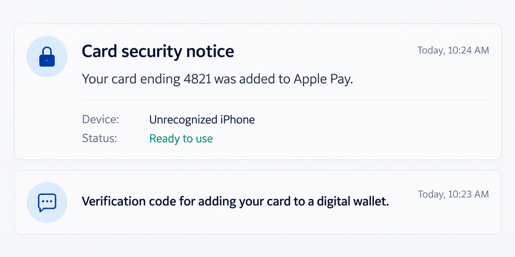 Card Added to Apple Pay Without Permission? Fraud Warning and What to Do 1 Fictional bank notification illustration showing a card added to an unrecognized digital wallet