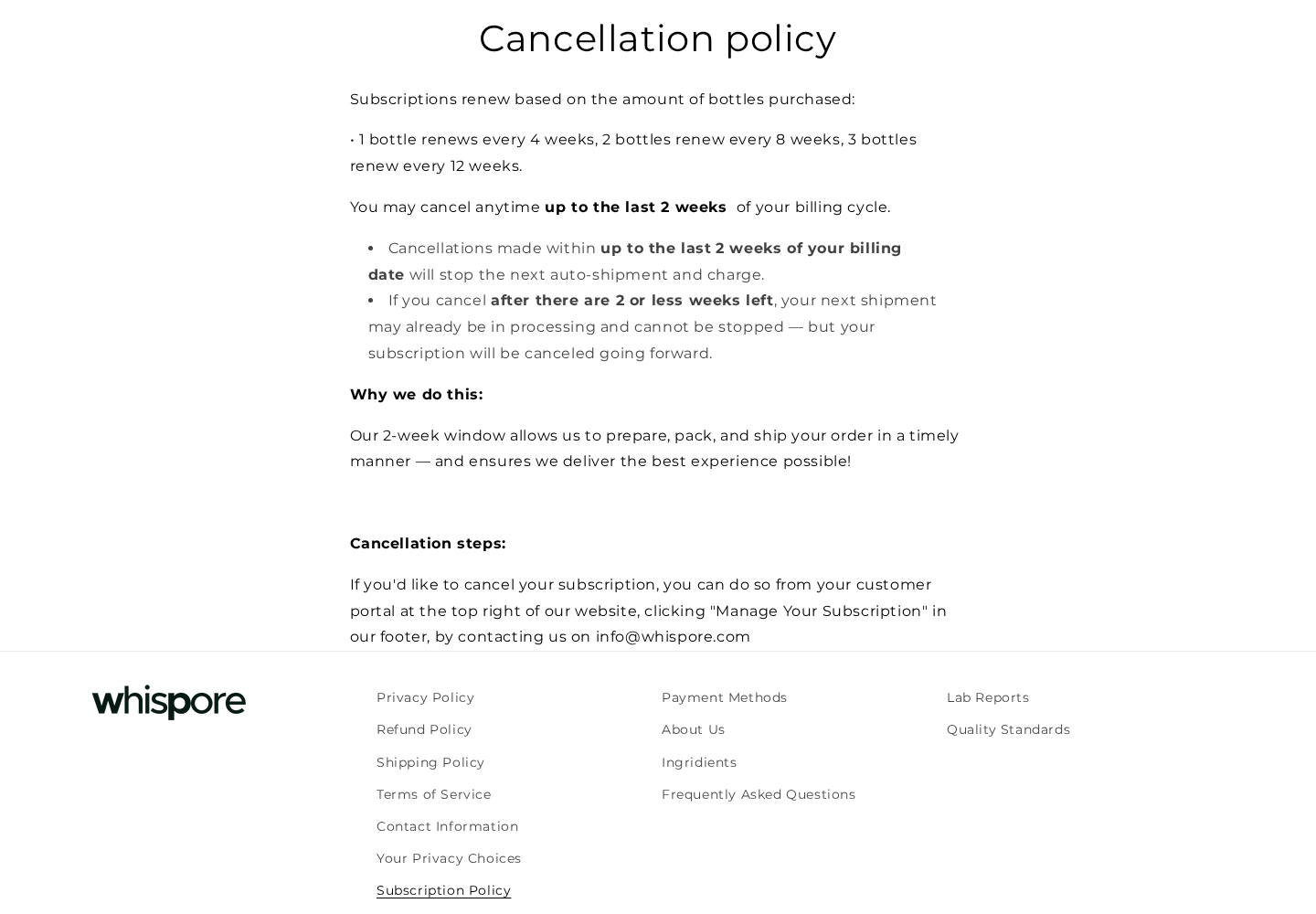 Original Whispore cancellation-policy screenshot describing renewal intervals and the two-week processing window