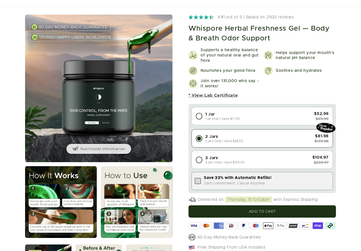 Original Whispore product-page screenshot showing herbal gel, jar choices, and optional automatic refills