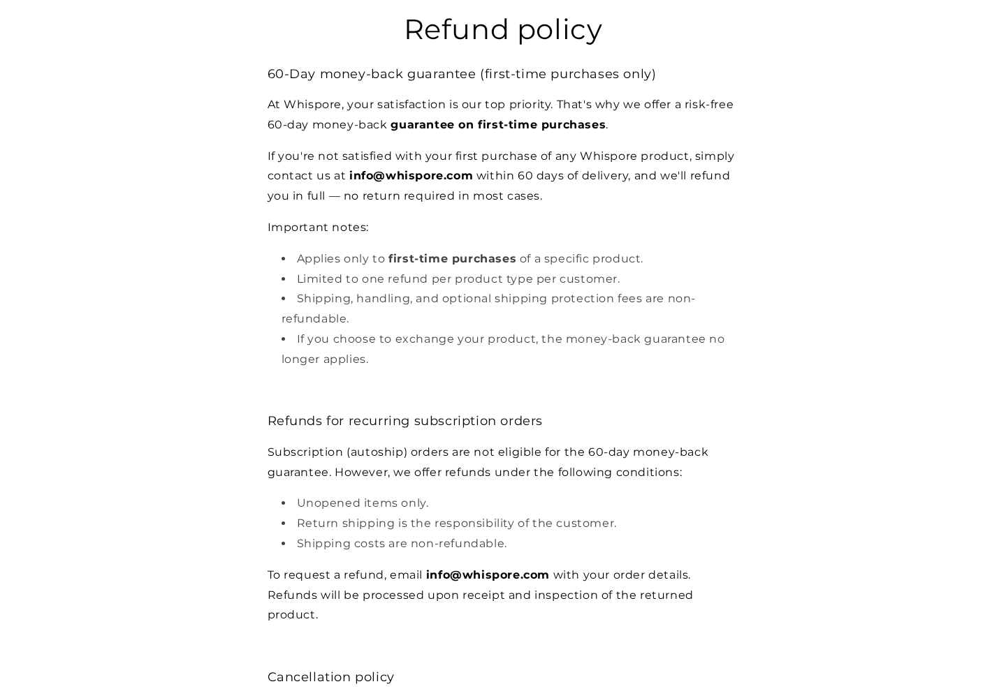 Original Whispore refund-policy screenshot distinguishing the first-purchase guarantee from recurring-order returns