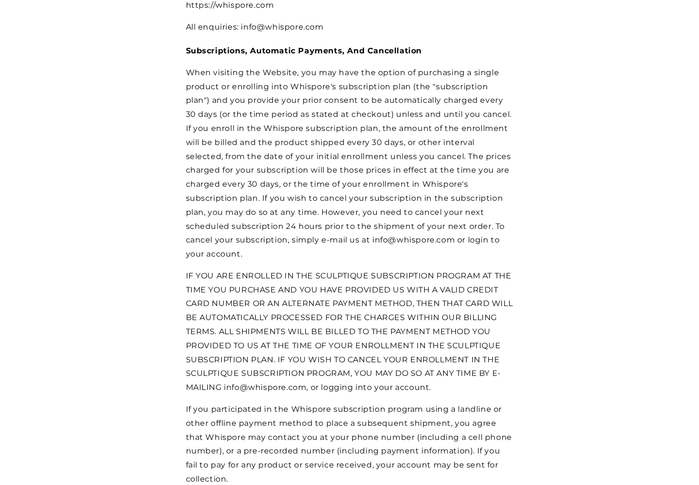 Original Whispore terms screenshot showing 24-hour cancellation wording and references to another subscription-program name