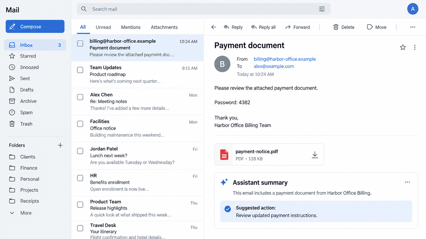 Fictional inbox illustration with an attachment and an AI-generated payment recommendation