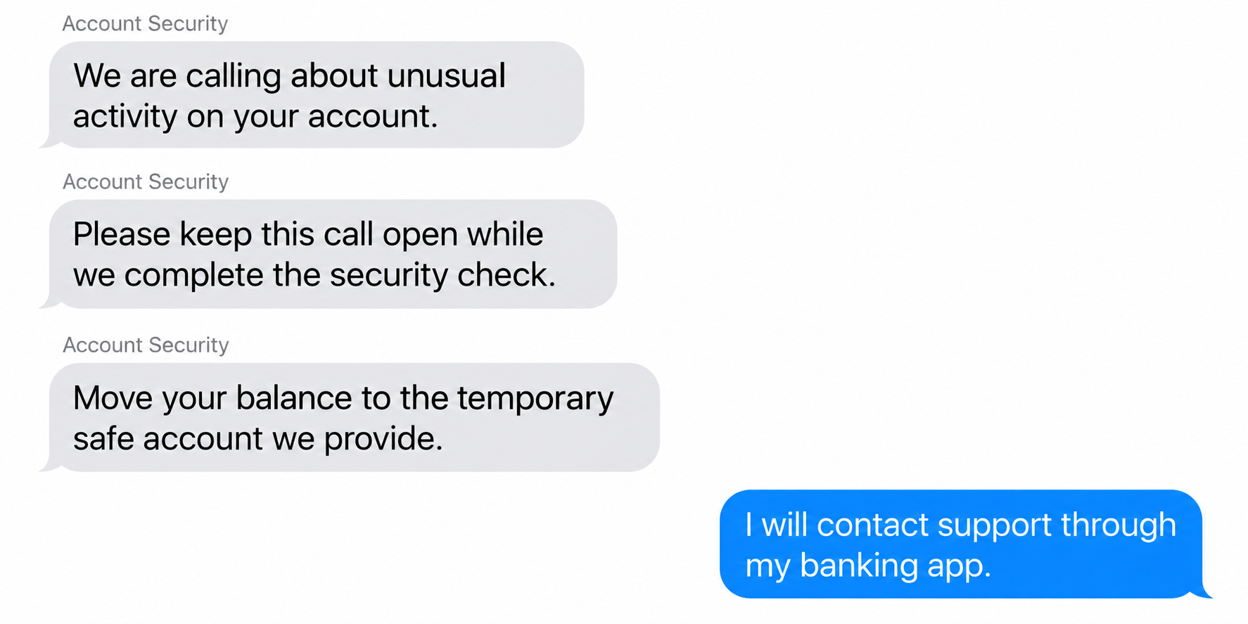 Fictional messages illustrating a fake account-security caller asking for a safe-account transfer