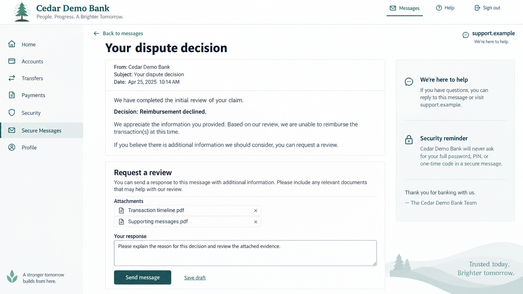 Fictional bank secure-message illustration showing a declined refund and an evidence-based review request