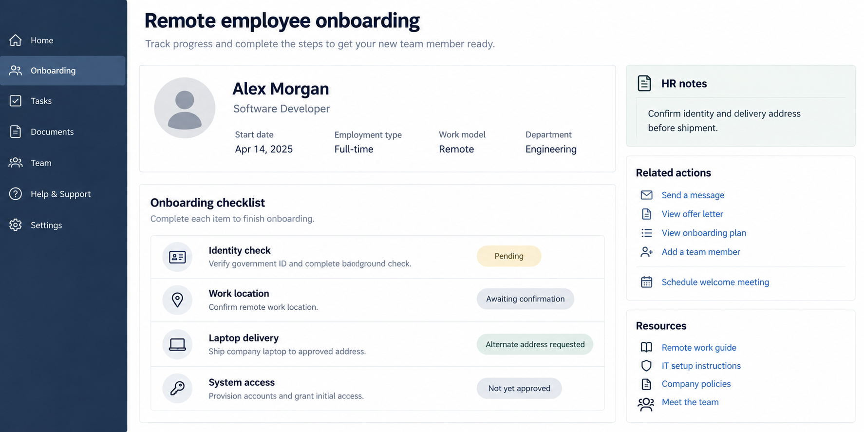 Fake Remote IT Worker Scam: Stolen Identities and Laptop Farms Explained 1 Fictional remote employee onboarding portal showing incomplete identity and laptop delivery checks