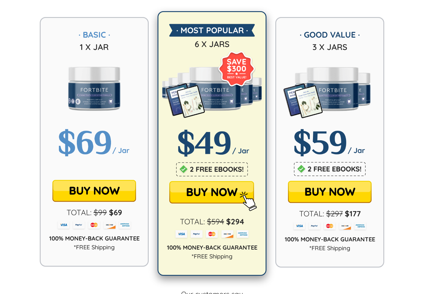 FortBite destination displaying one-, three-, and six-jar package totals and a money-back guarantee