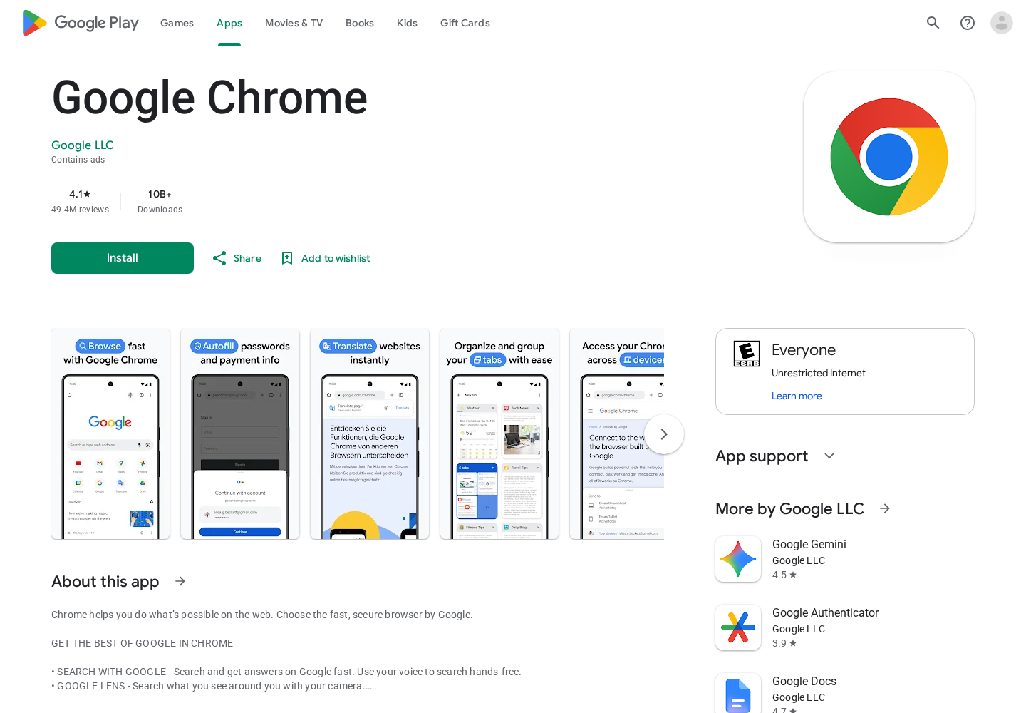 Fake Chrome App on Google Play: Hizbartech's Browser Impersonation Exposed 1 Genuine Google Chrome listing on Google Play showing Google LLC as the publisher and the official browser icon