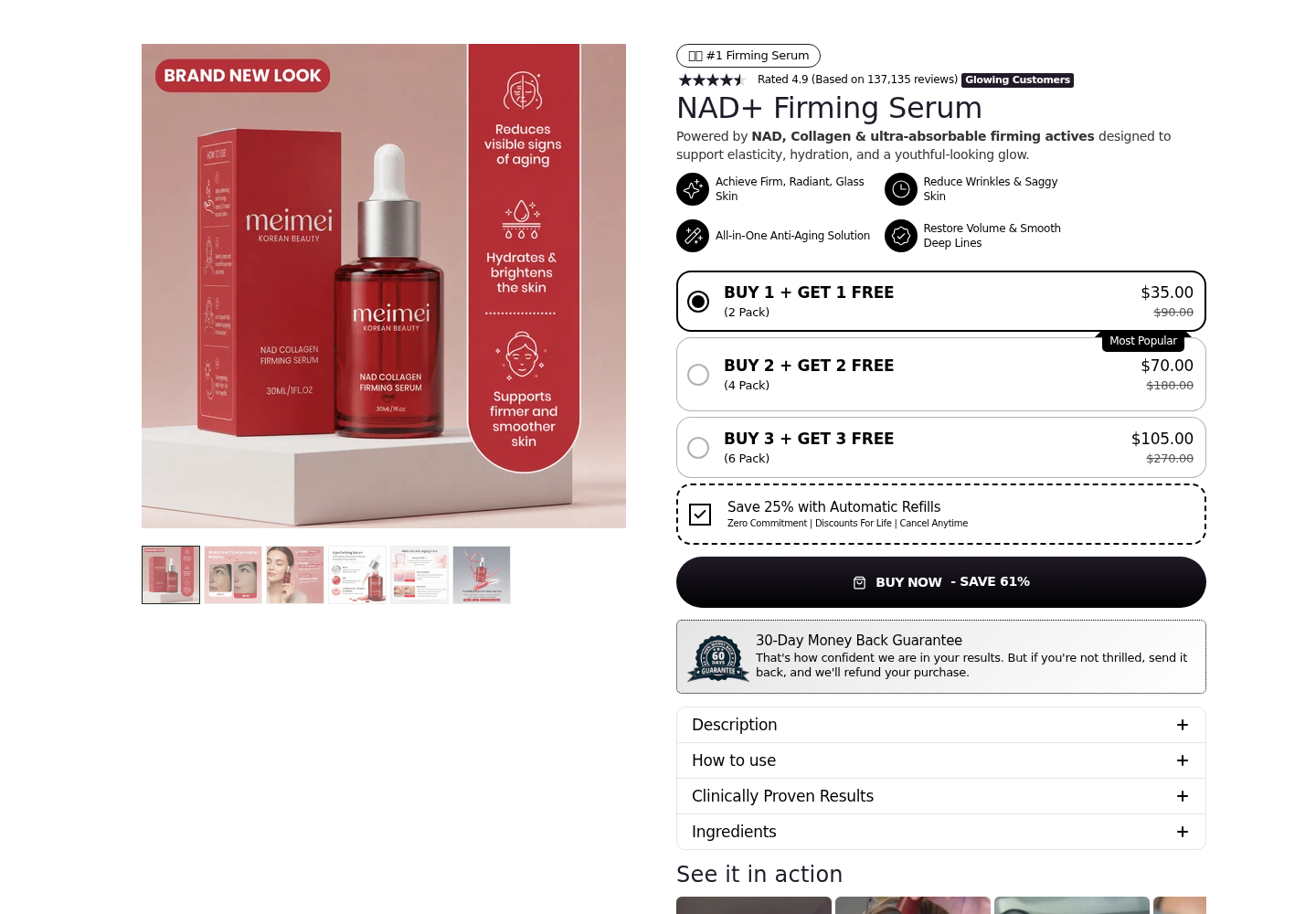 Meimei NAD+ Firming Serum Review: Automatic Refills and Refund Conflicts 1 Meimei NAD Firming Serum product page with two-bottle bundle selected and Automatic Refills already checked