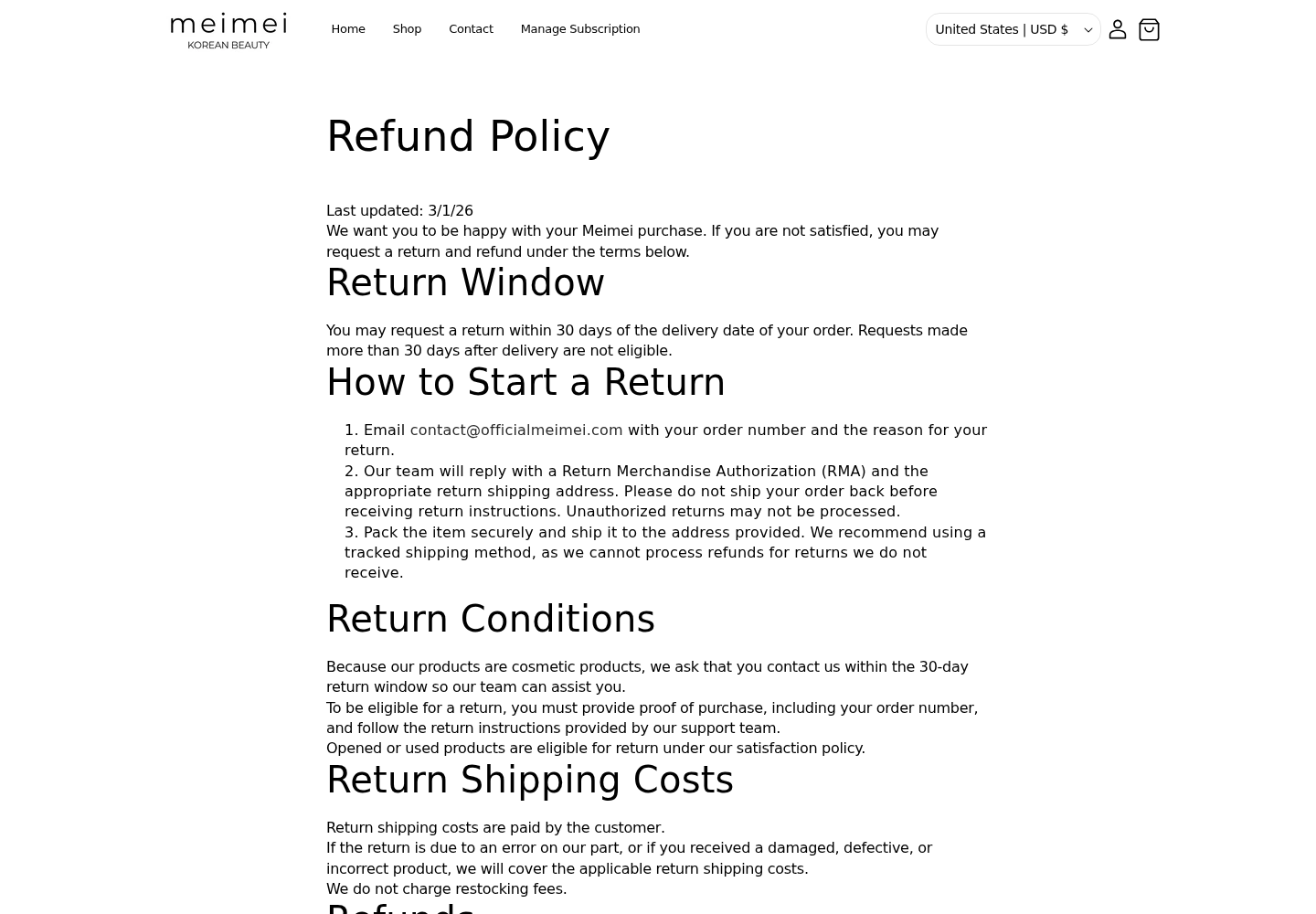 Meimei NAD+ Firming Serum Review: Automatic Refills and Refund Conflicts 3 Meimei refund policy stating a 30-day window after delivery, return authorization requirements, and customer-paid return shipping