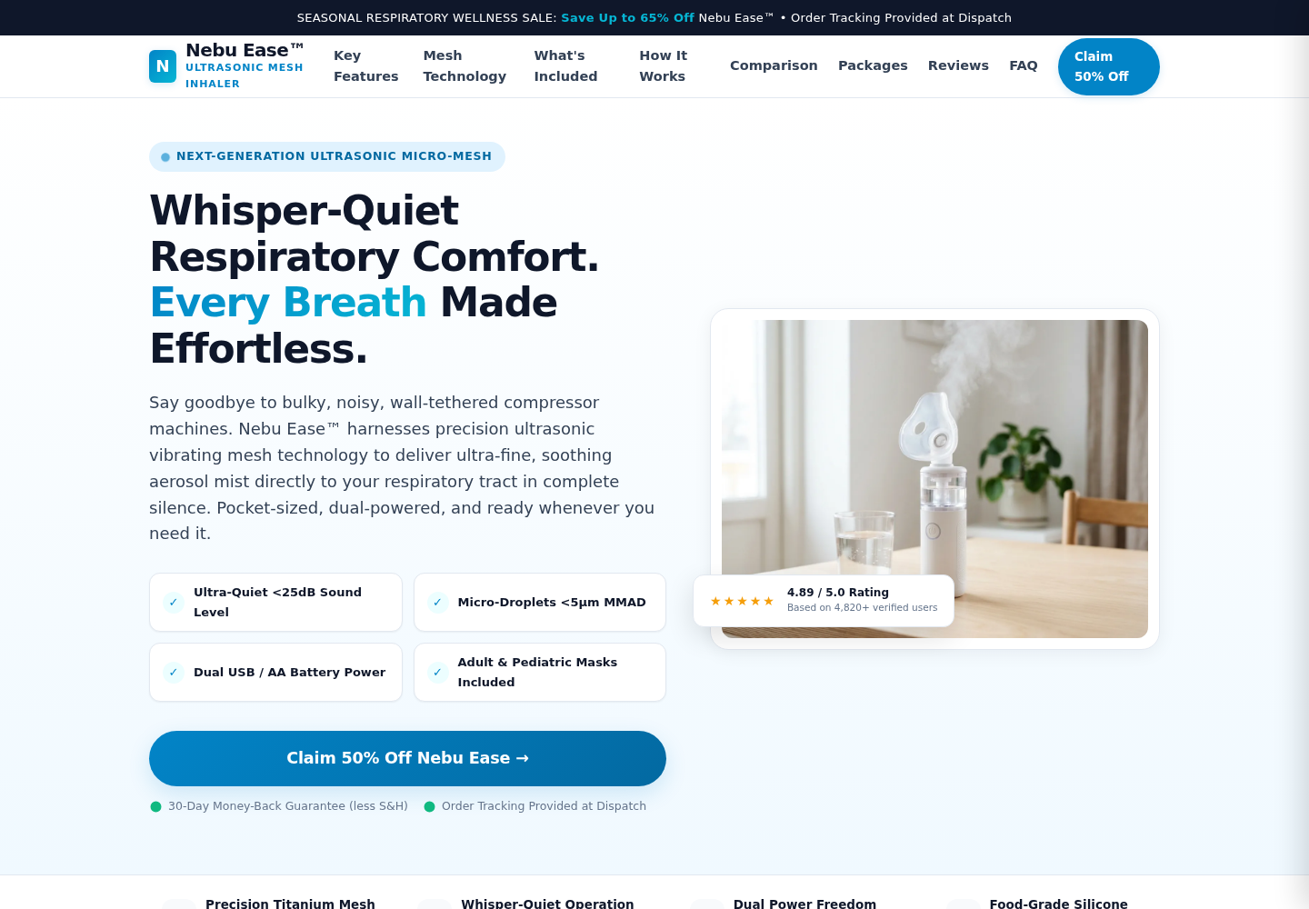Nebu Ease promotional page showing a portable mesh inhaler, respiratory comfort claims, and discounted package offers