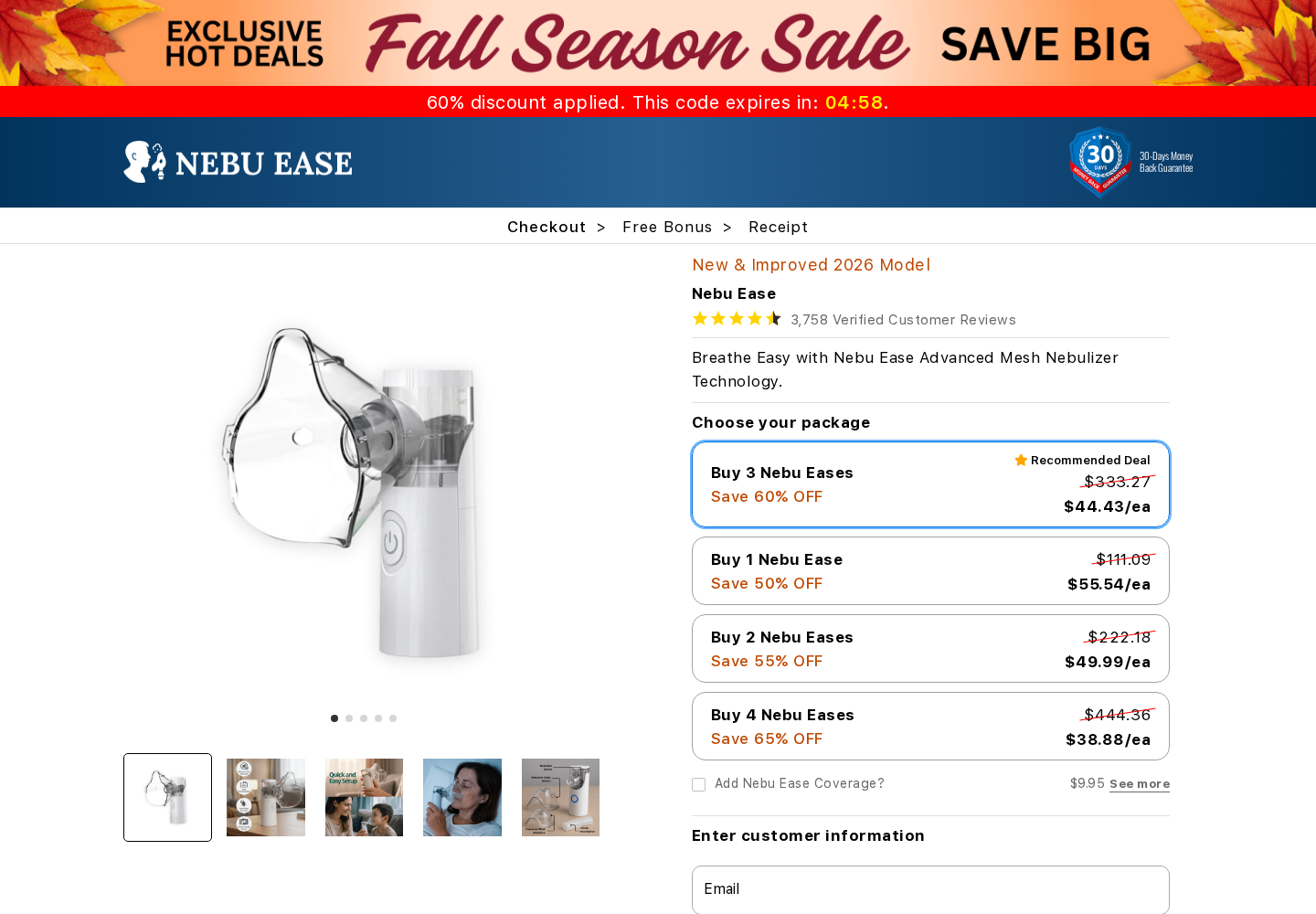 Nebu Ease checkout showing the three-device recommended deal selected at $44.43 each and a separate one-device option at $55.54