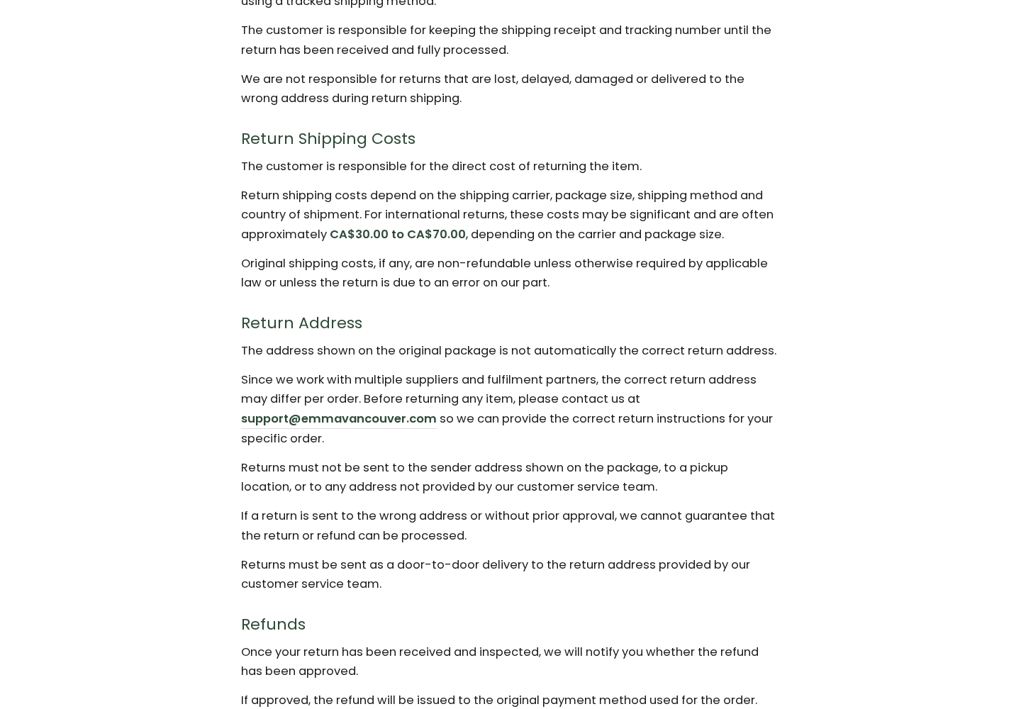 EmmaVancouver Review: Free Exchange Promises and Costly Returns Explained 2 EmmaVancouver return policy explaining customer-paid international postage of approximately CA$30 to CA$70 and order-specific return addresses