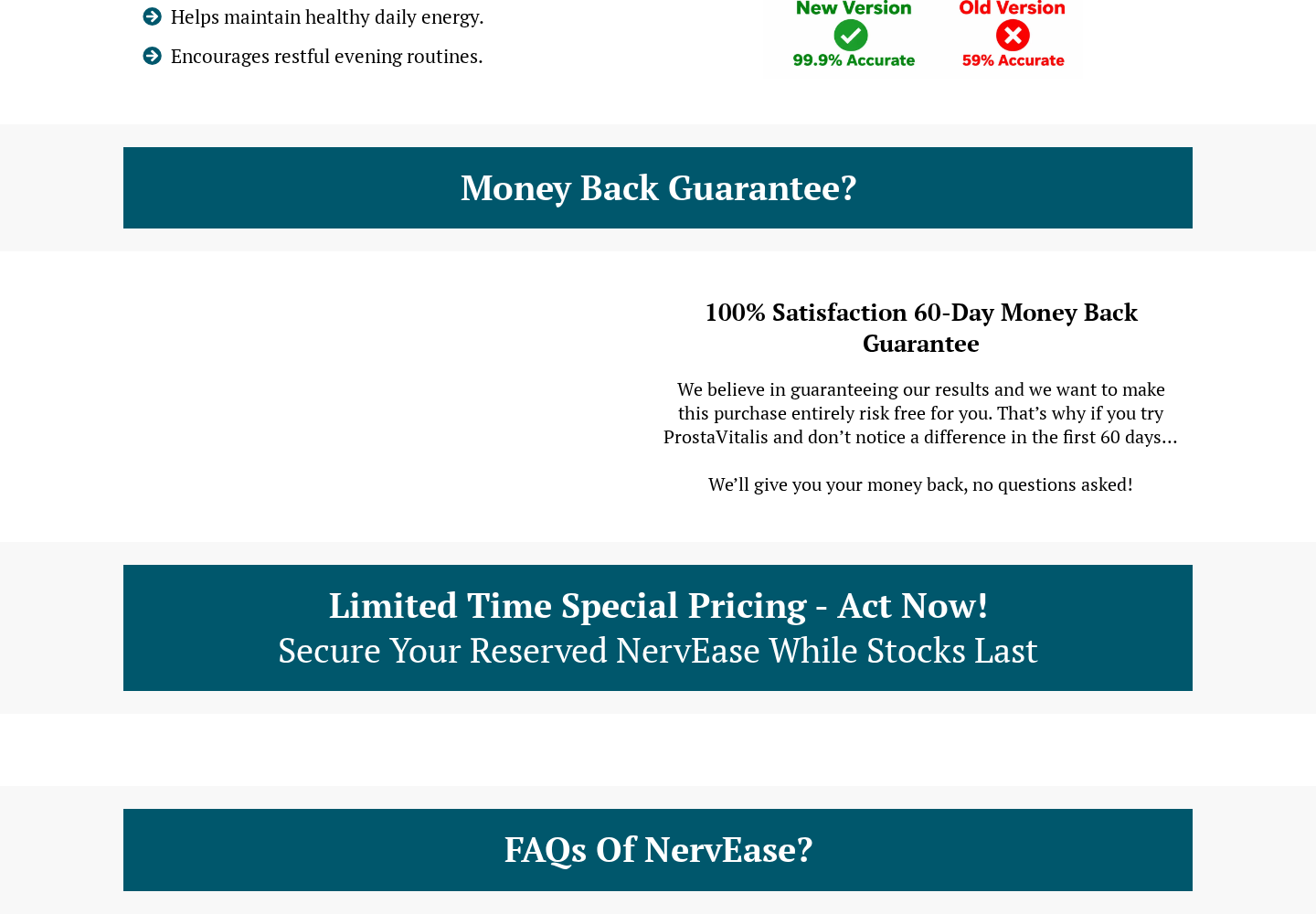 NervEase money-back section referring to ProstaVitalis instead of NervEase beneath a 60-day guarantee