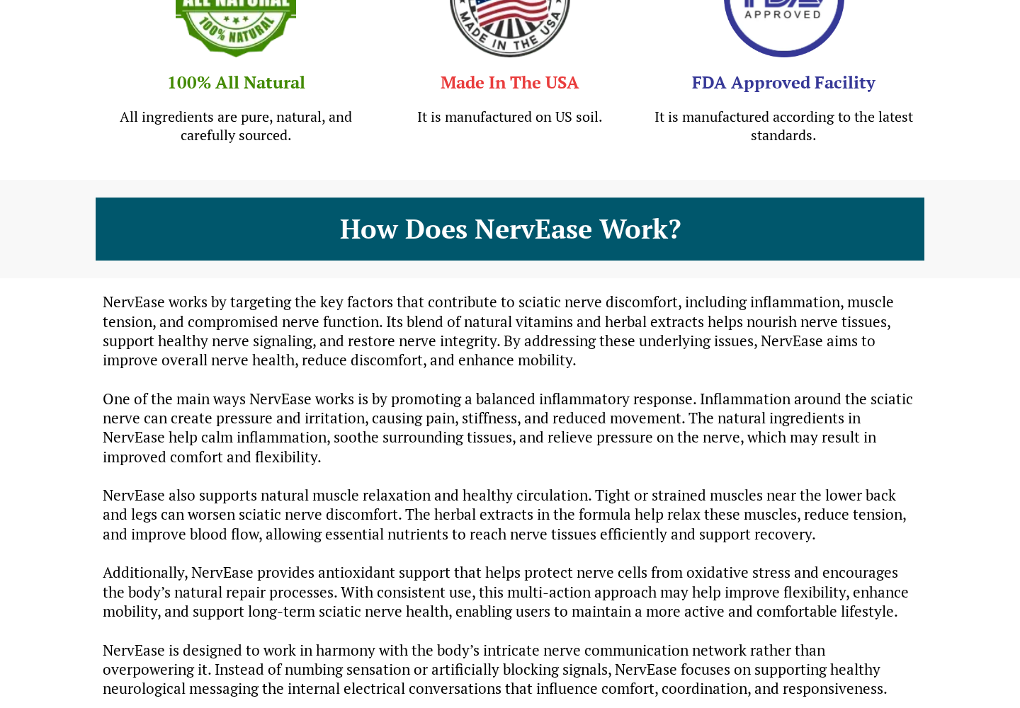 NervEase promotional page displaying an FDA Approved Facility claim beside nerve-comfort explanations