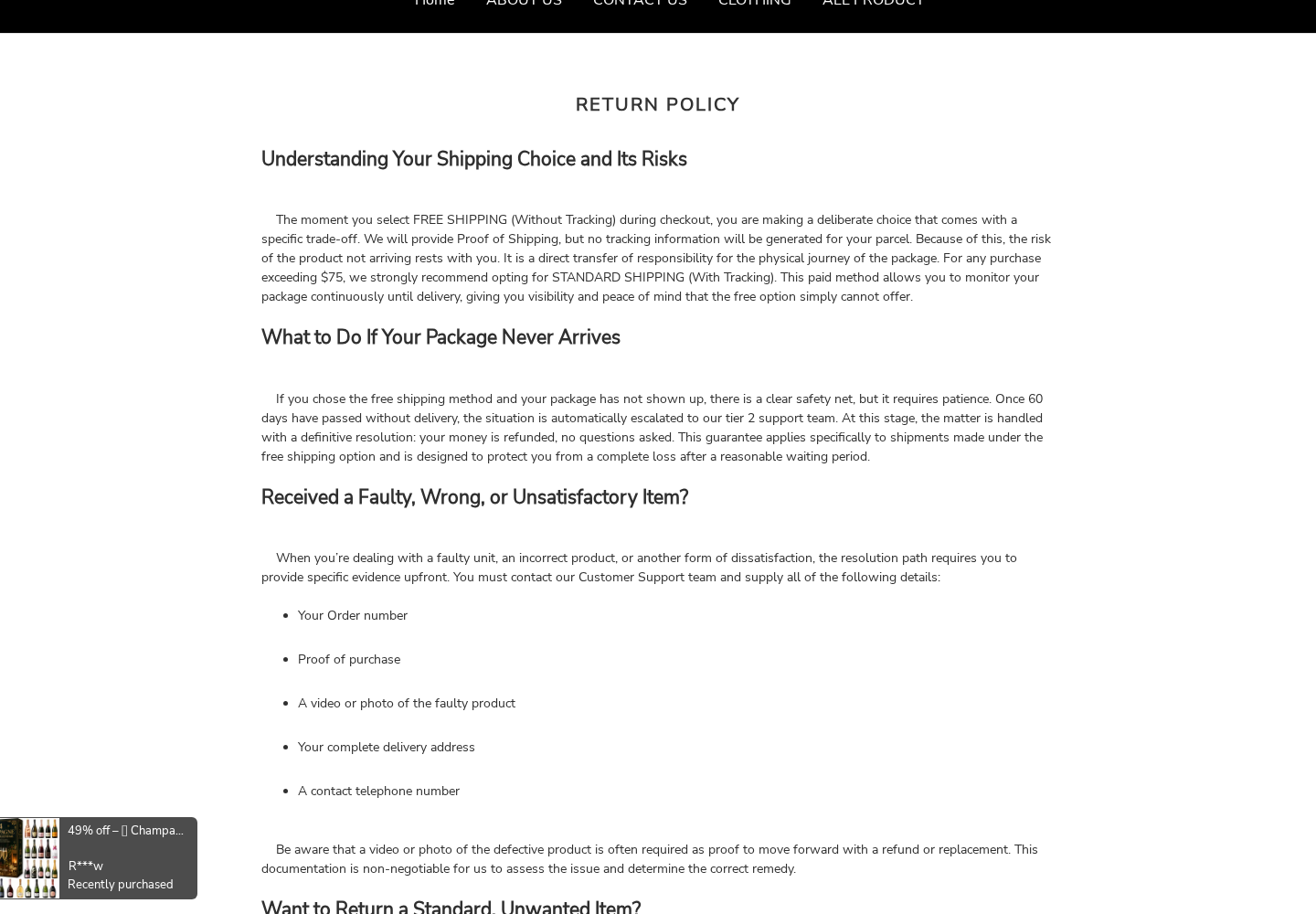 Proudous return page describing untracked shipping risk, a 60-day non-delivery refund promise, and evidence required for defective goods