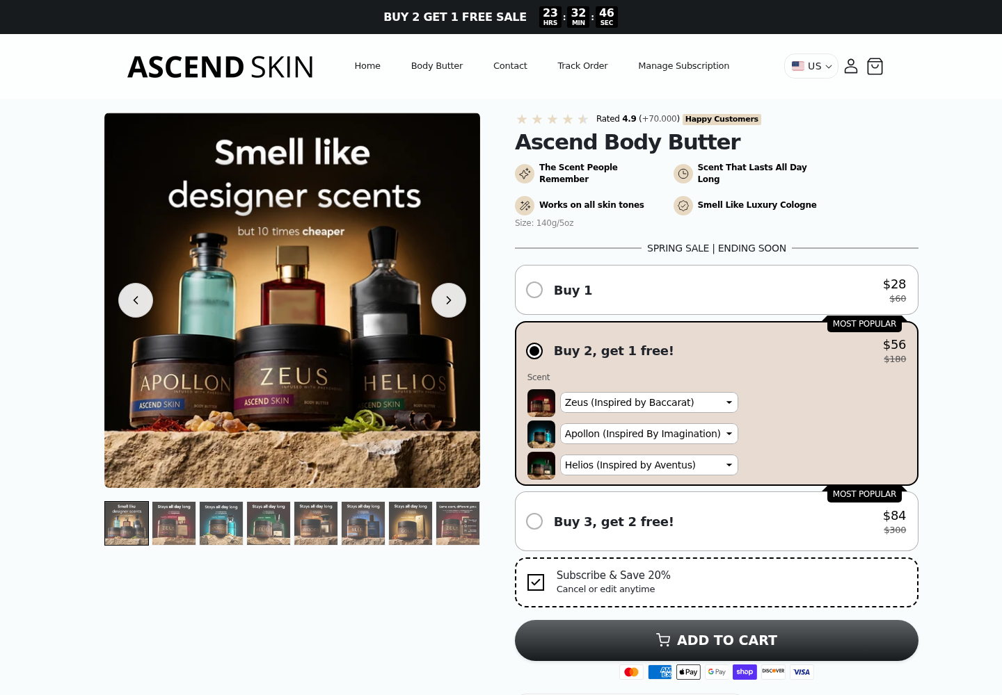 Ascend Skin body butter page with the three-jar bundle selected and Subscribe and Save checked