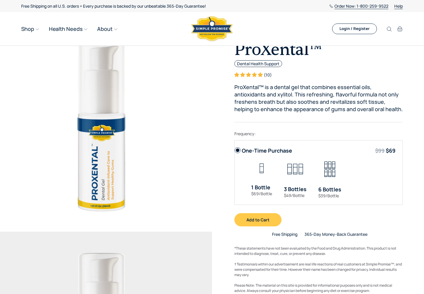 Simple Promise ProXental dental gel page showing one-time purchase and one, three, and six bottle prices