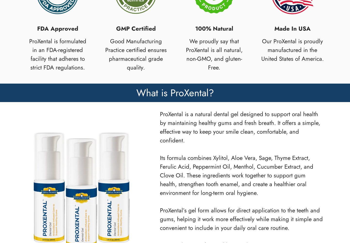ProXental Reviews: Dental Repair Claims, FDA Badges and Key Buying Risks 3 Pro-xentals.com FDA Approved heading supported only by wording about an FDA-registered facility