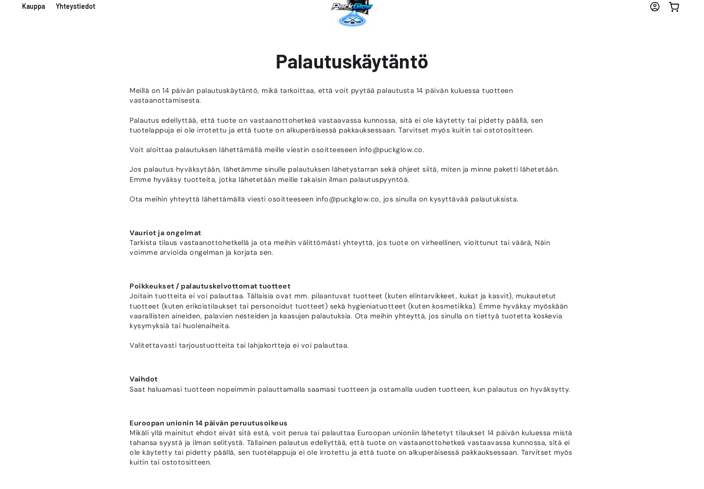 PuckGlow Finnish return policy combining a 14-day return promise with a sale-item exclusion