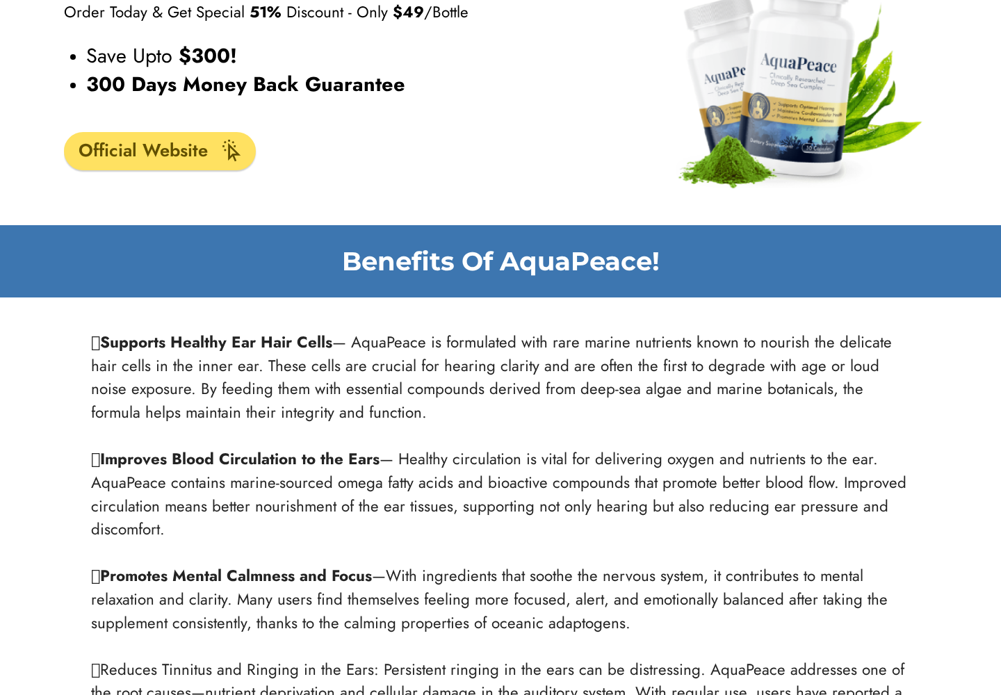 AquaPeace promotion displaying a 300-day money-back guarantee despite the 60-day promise at the top of the same page