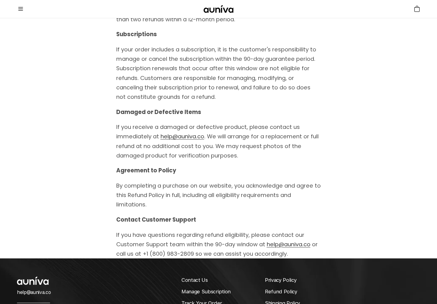 Auniva Pomegranate Reviews: Subscription Rules and Conflicting Refund Terms 2 Auniva refund policy excluding subscription renewals after the 90-day guarantee window and listing its support contacts