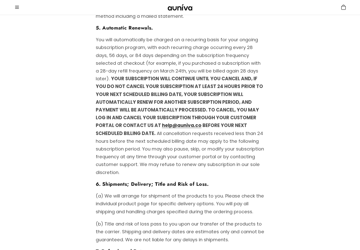 Auniva Pomegranate Reviews: Subscription Rules and Conflicting Refund Terms 3 Auniva automatic-renewal terms describing 28, 56, or 84-day cycles and cancellation at least 24 hours before billing