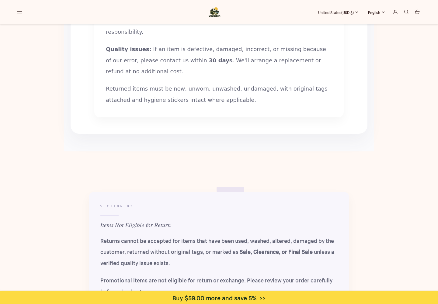 Veyaioen.com Review: Sale Returns, Delivery Deadlines and Seller Questions 2 Veyaioen return policy distinguishing quality-related remedies while excluding sale, clearance, final-sale, and promotional items from ordinary returns