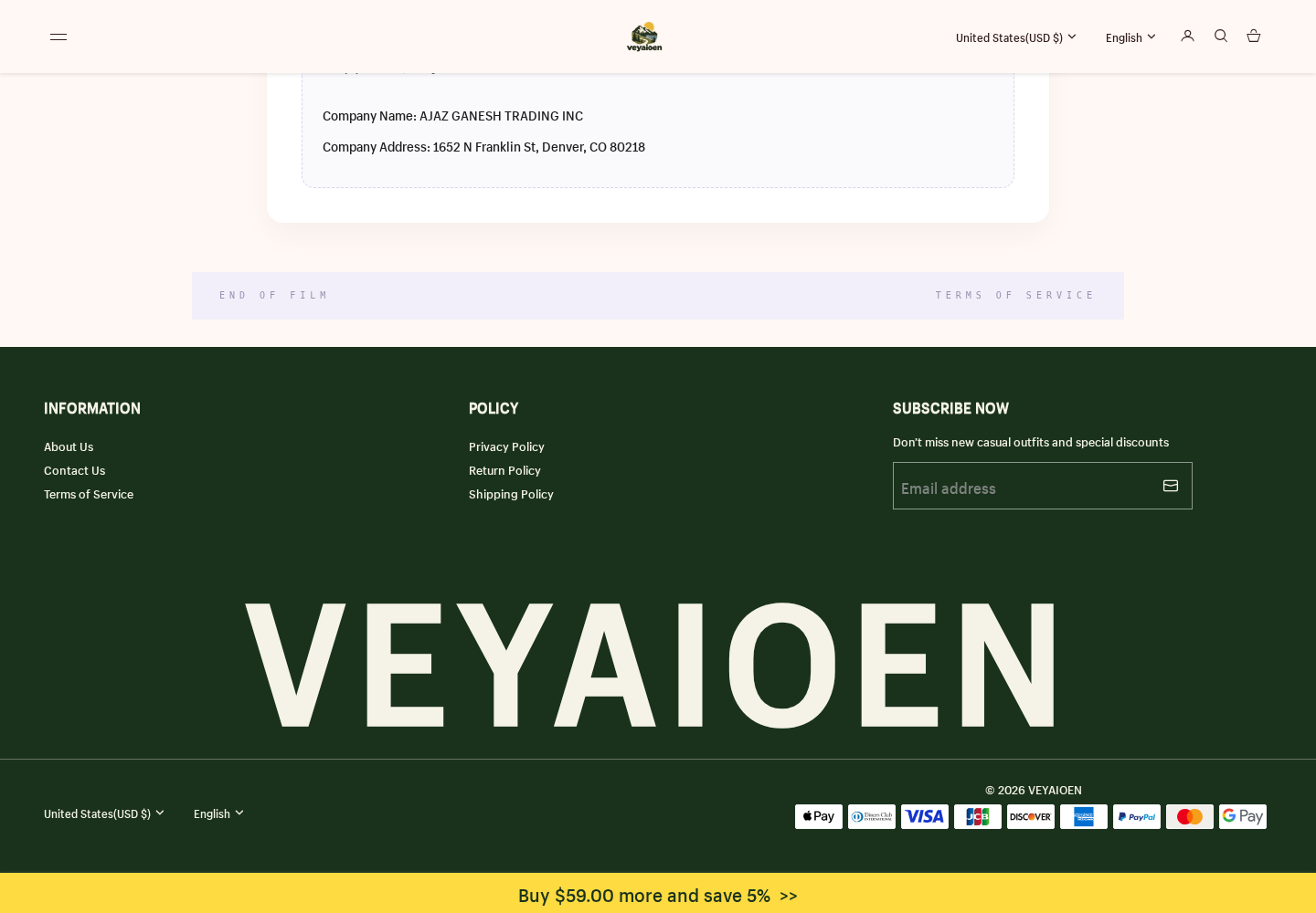 Veyaioen.com Review: Sale Returns, Delivery Deadlines and Seller Questions 3 Veyaioen terms naming AJAZ GANESH TRADING INC and a Denver company address above the store footer