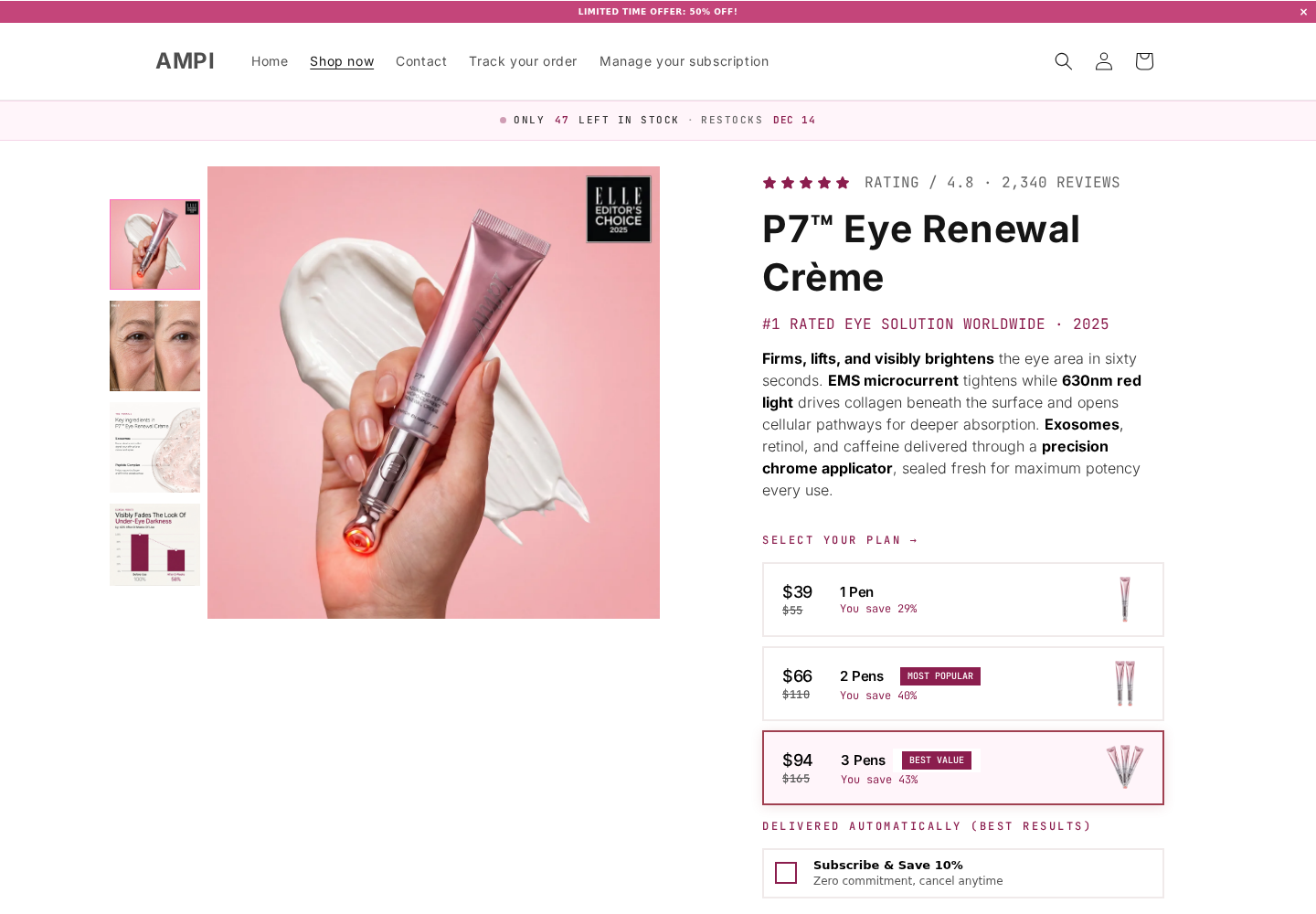 AMPI P7 Eye Renewal Creme offer advertising red light and microcurrent, with three pens selected for $94 and the subscription box unchecked
