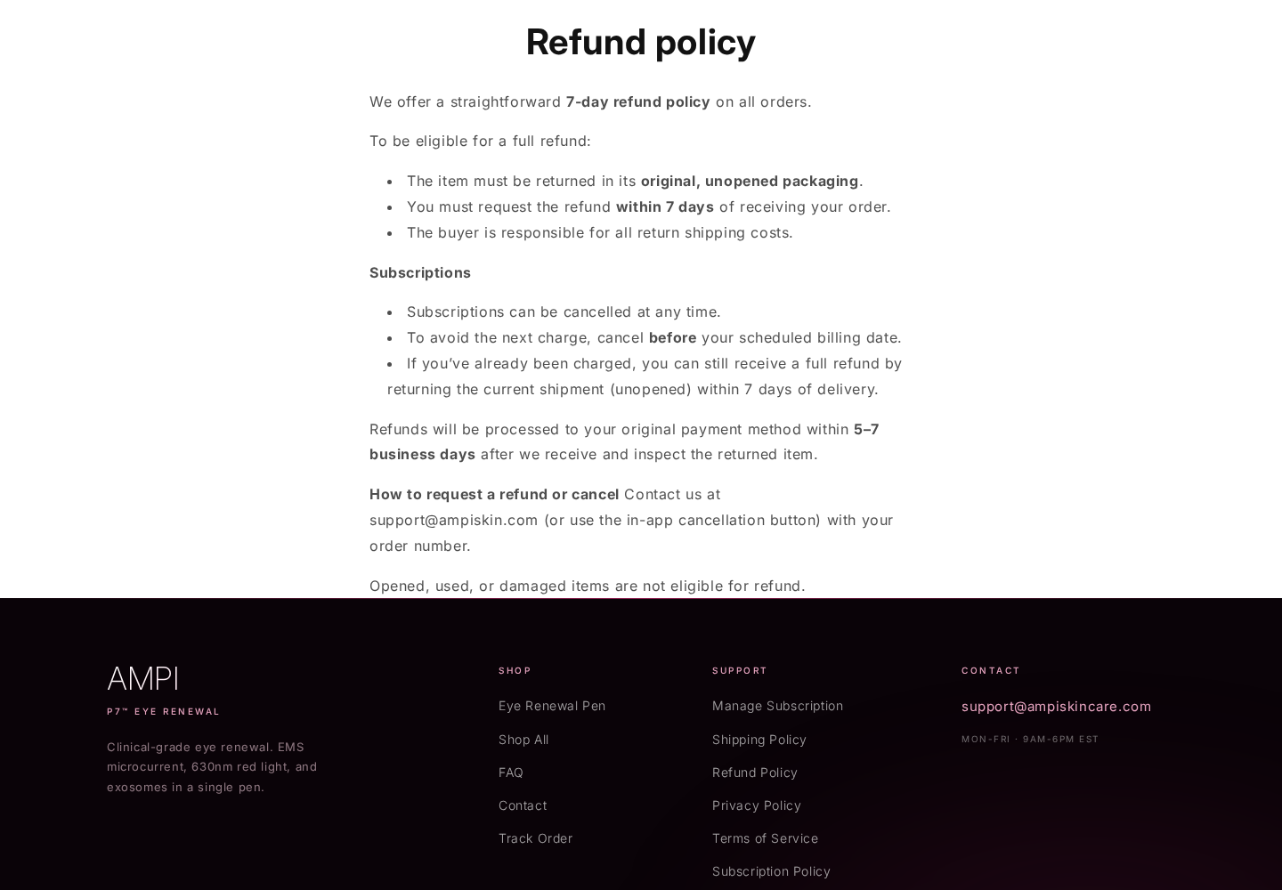 AMPI refund policy requiring unopened original packaging and a refund request within seven days of delivery, with buyer-paid return shipping