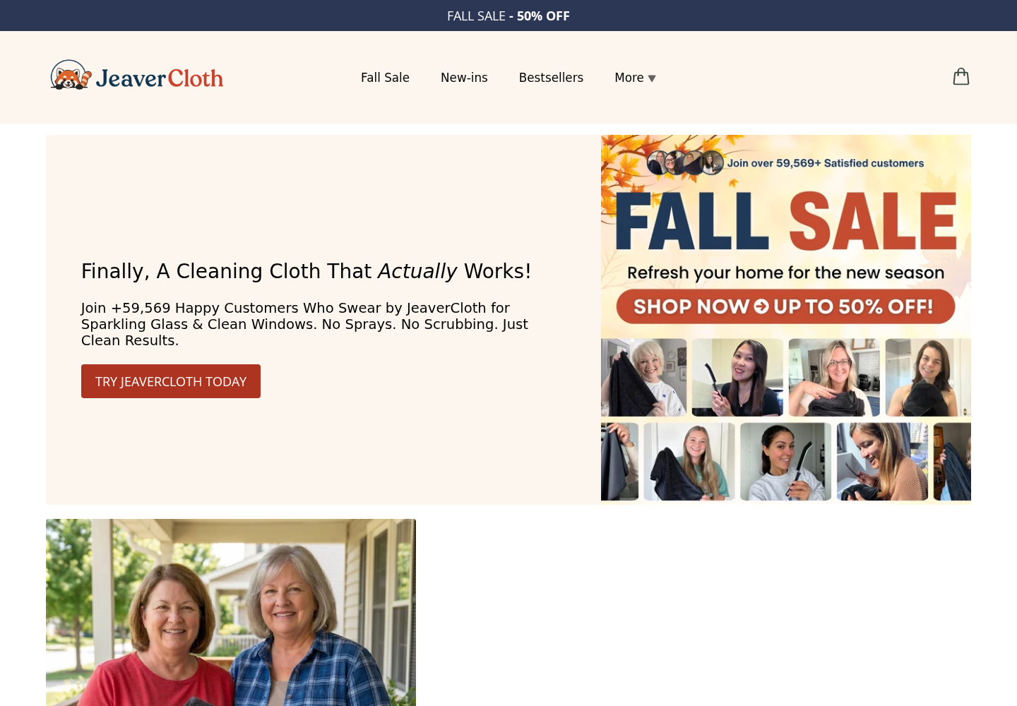 JeaverCloth homepage advertising a fall sale, water-only cleaning, and more than 59569 happy customers