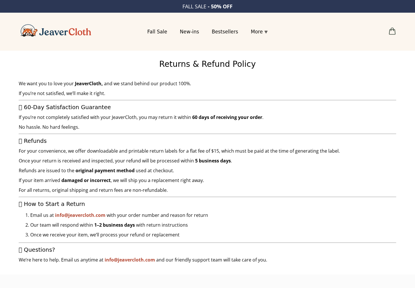 JeaverCloth returns policy displaying a 60-day satisfaction guarantee and a $15 fee for a printable return label