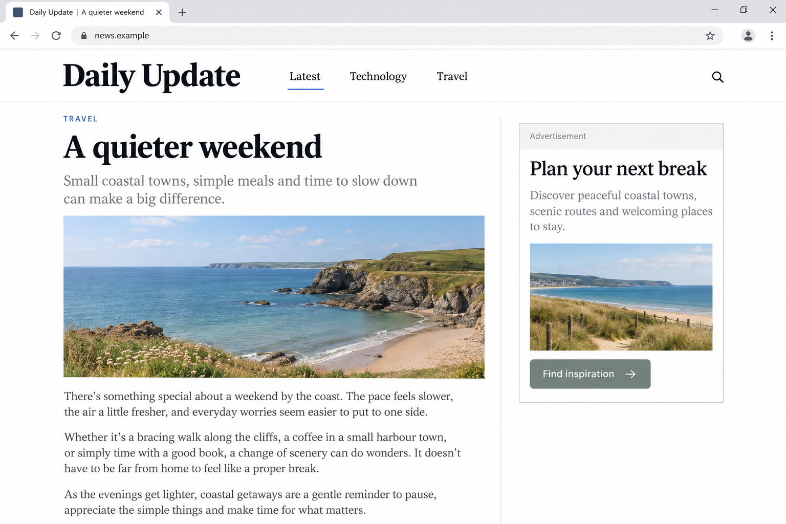 AdFection Spyware Attack: How Online Ads Can Infect Without a Single Click 1 Fictional news.example page with an ordinary travel advertisement, illustrating passive ad exposure rather than a captured AdFection campaign