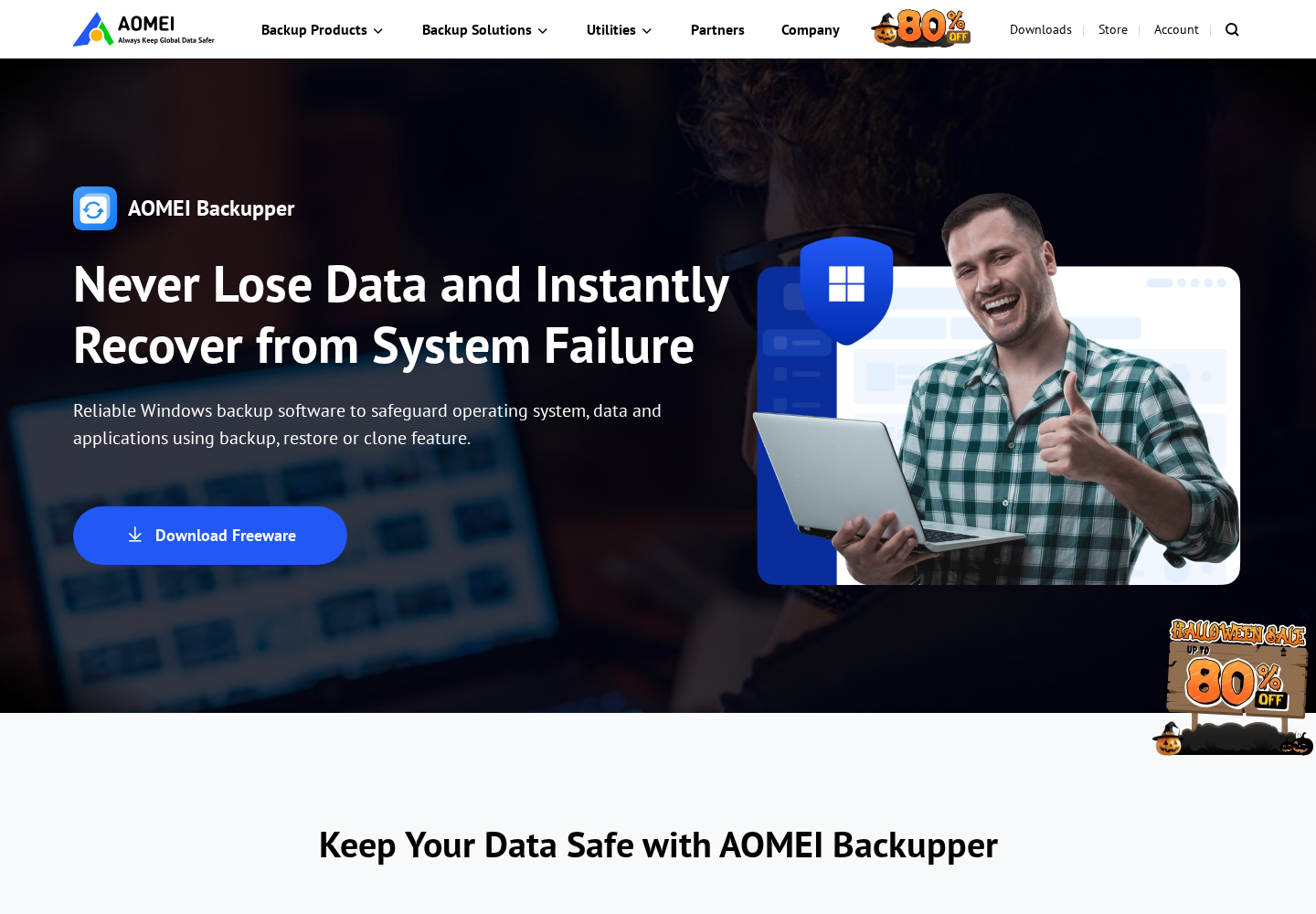 Genuine AOMEI Backupper product page identifying the legitimate backup software, not a capture of malicious activity