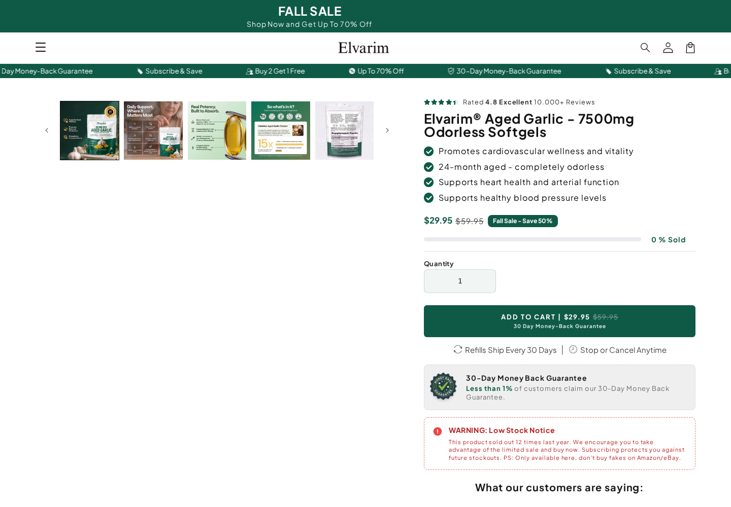 Elvarim aged garlic purchase page showing the price and refills shipping every 30 days