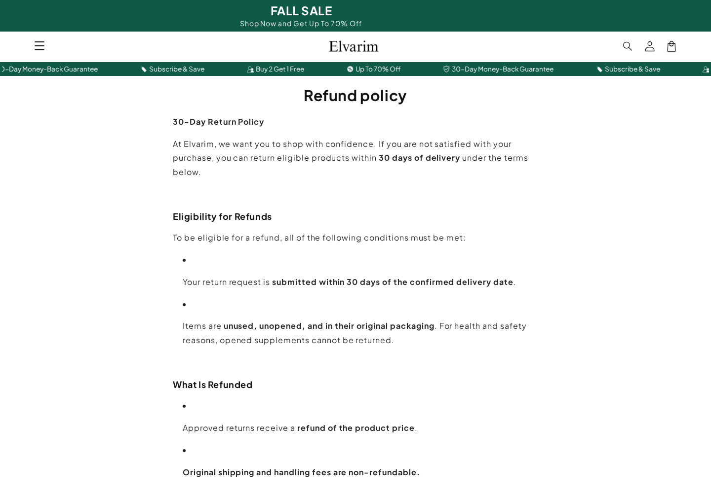 Elvarim refund policy requiring unopened unused supplements for ordinary returns within 30 days
