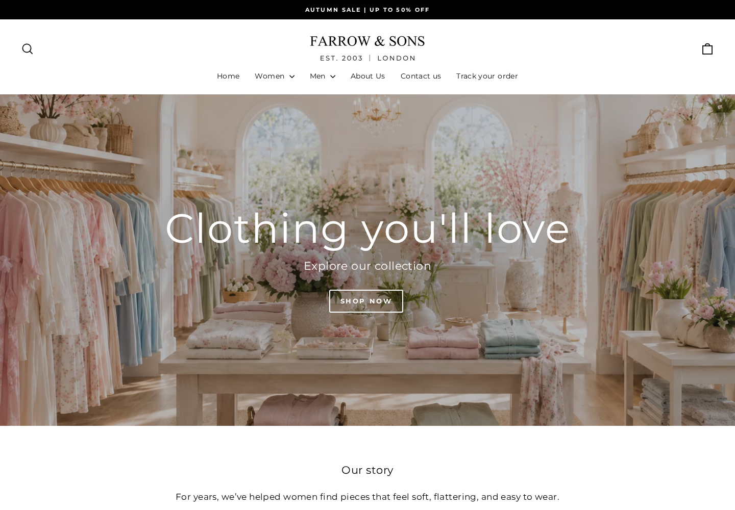 Farrow and Sons storefront displaying its autumn sale and clothing collection