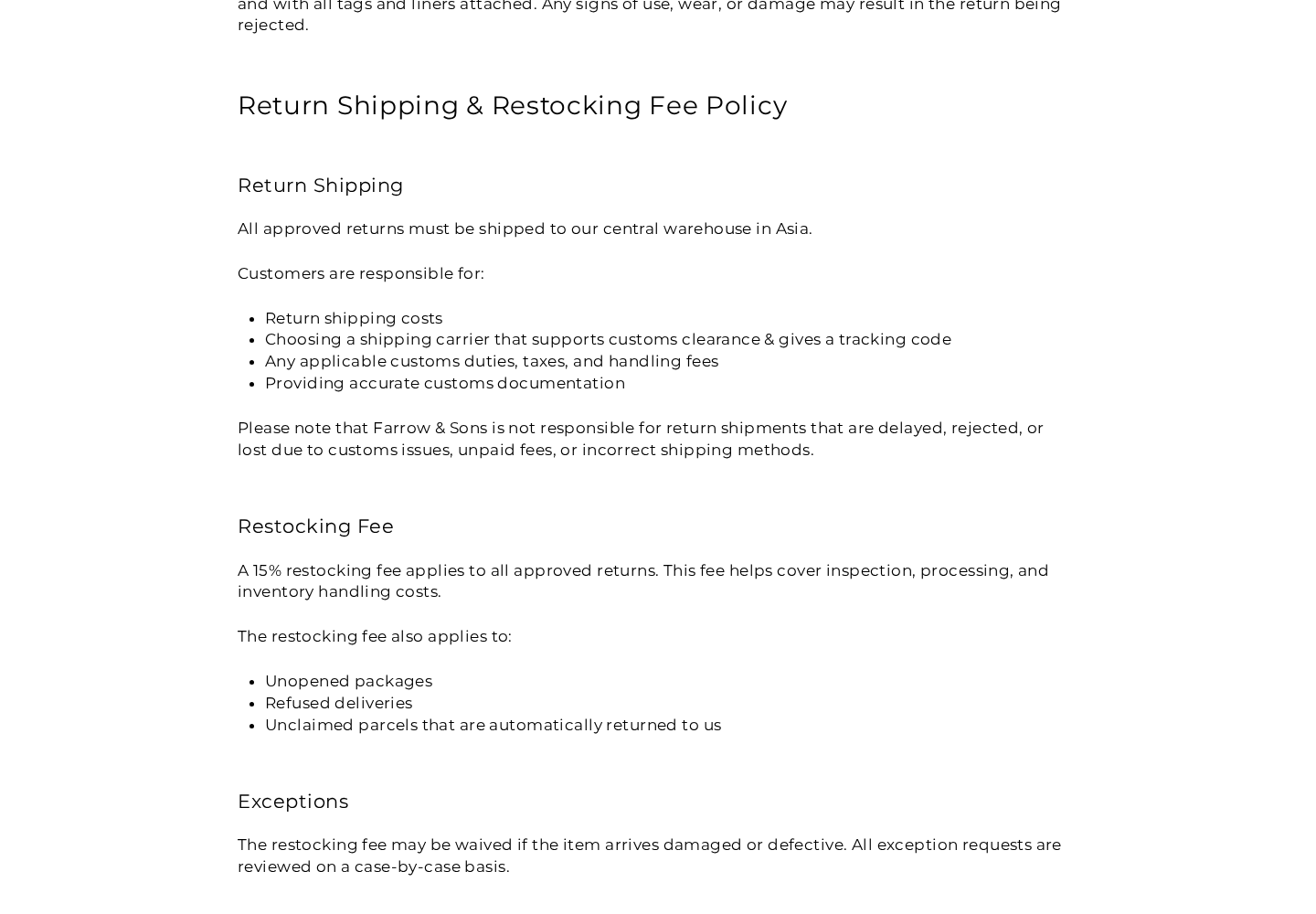 Farrow and Sons return policy showing international return requirements and the 15% restocking fee