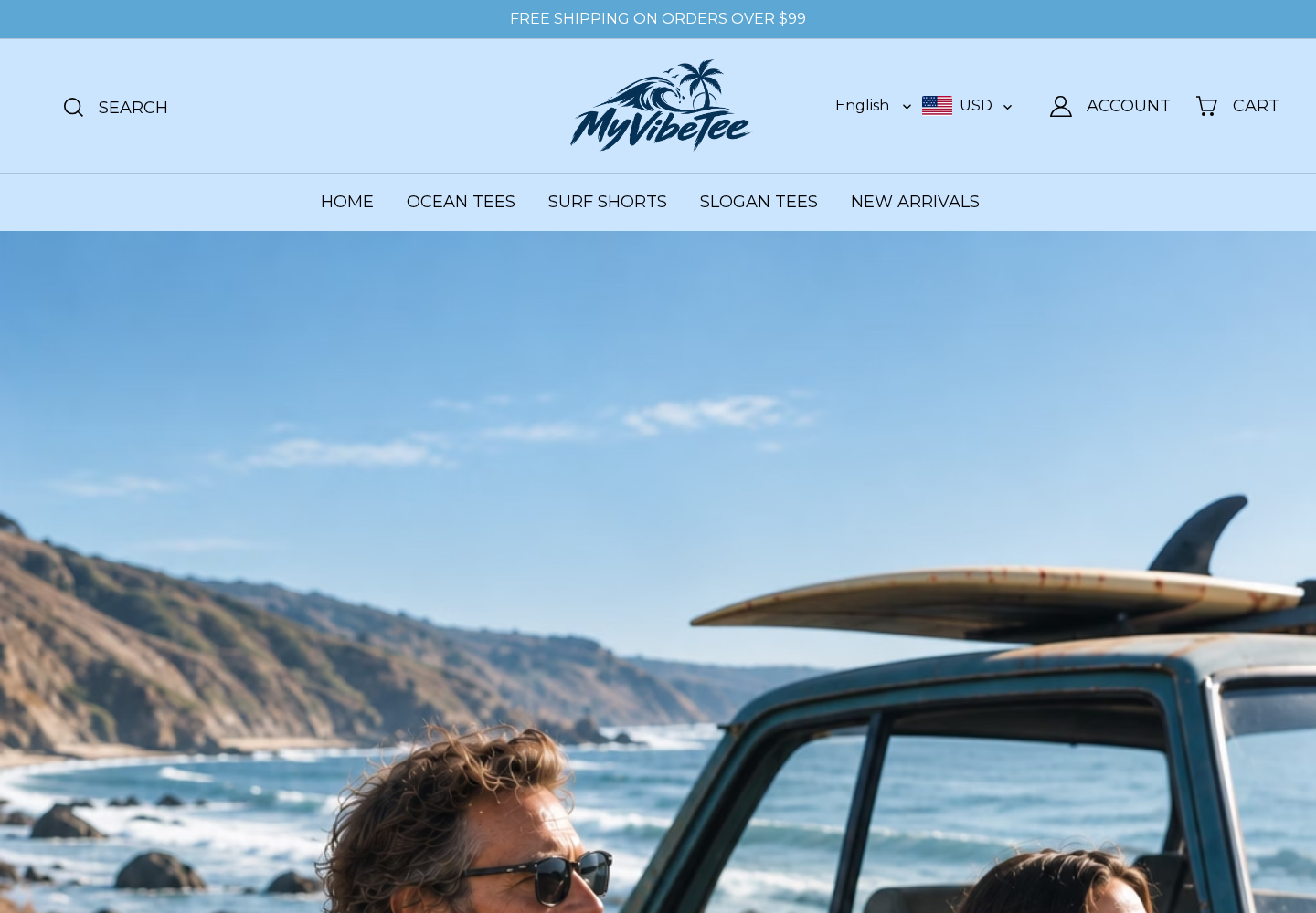 MyVibeTee Review: Return Costs, Contact Problems and What Buyers Must Know 1 MyVibeTee storefront logo and surf-themed homepage