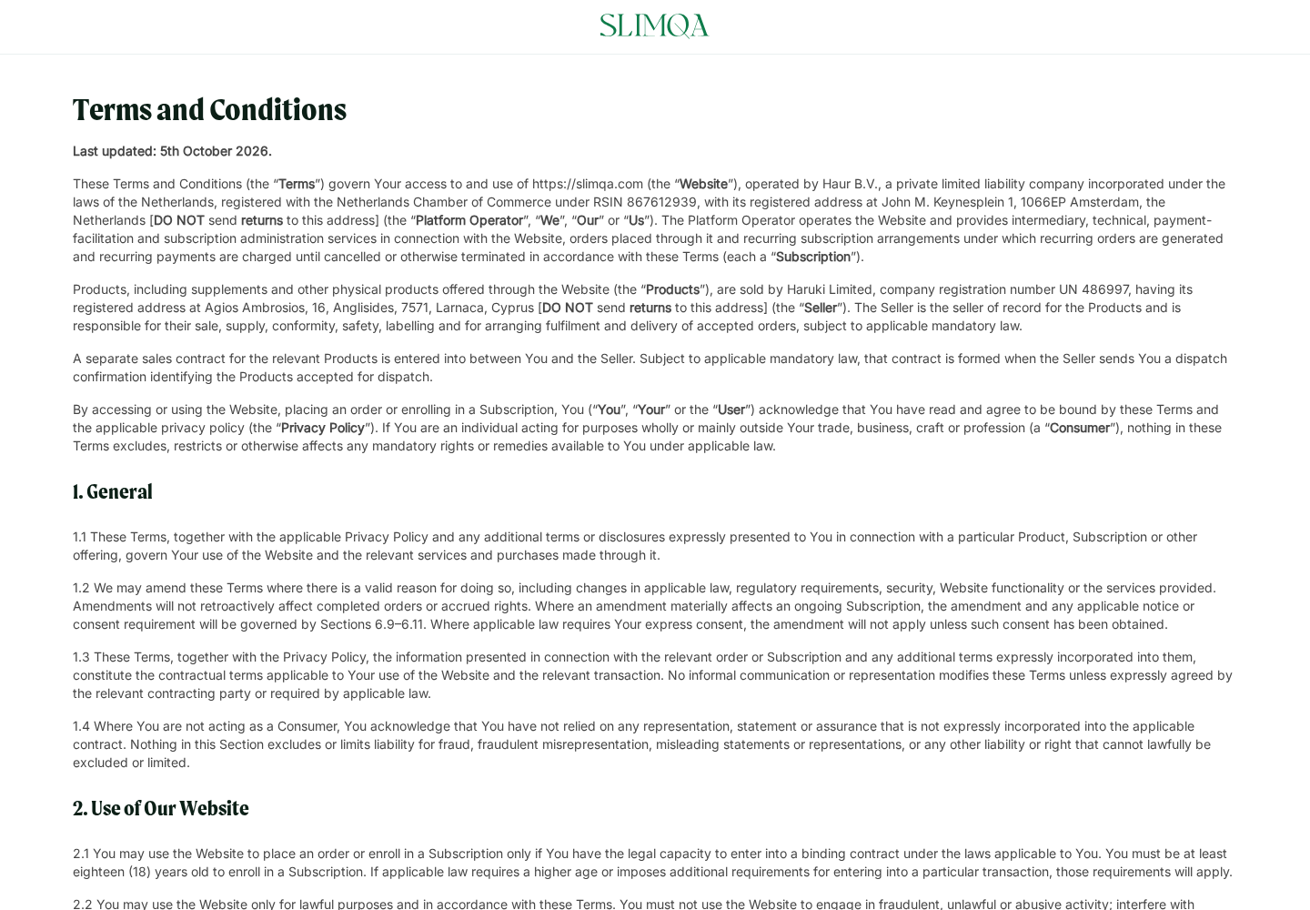 SlimQA Coffee Booster Review: Refills, App Billing and Refund Rules to Know 2 SlimQA terms identifying Haur B.V., Haruki Limited, and recurring subscription arrangements