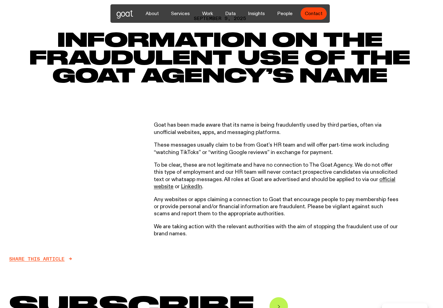 Goat Agency Job Scam: Fake WhatsApp Recruiters and the Pay-to-Work Trap 1 Official warning from The Goat Agency about third-party recruitment messages fraudulently using its name