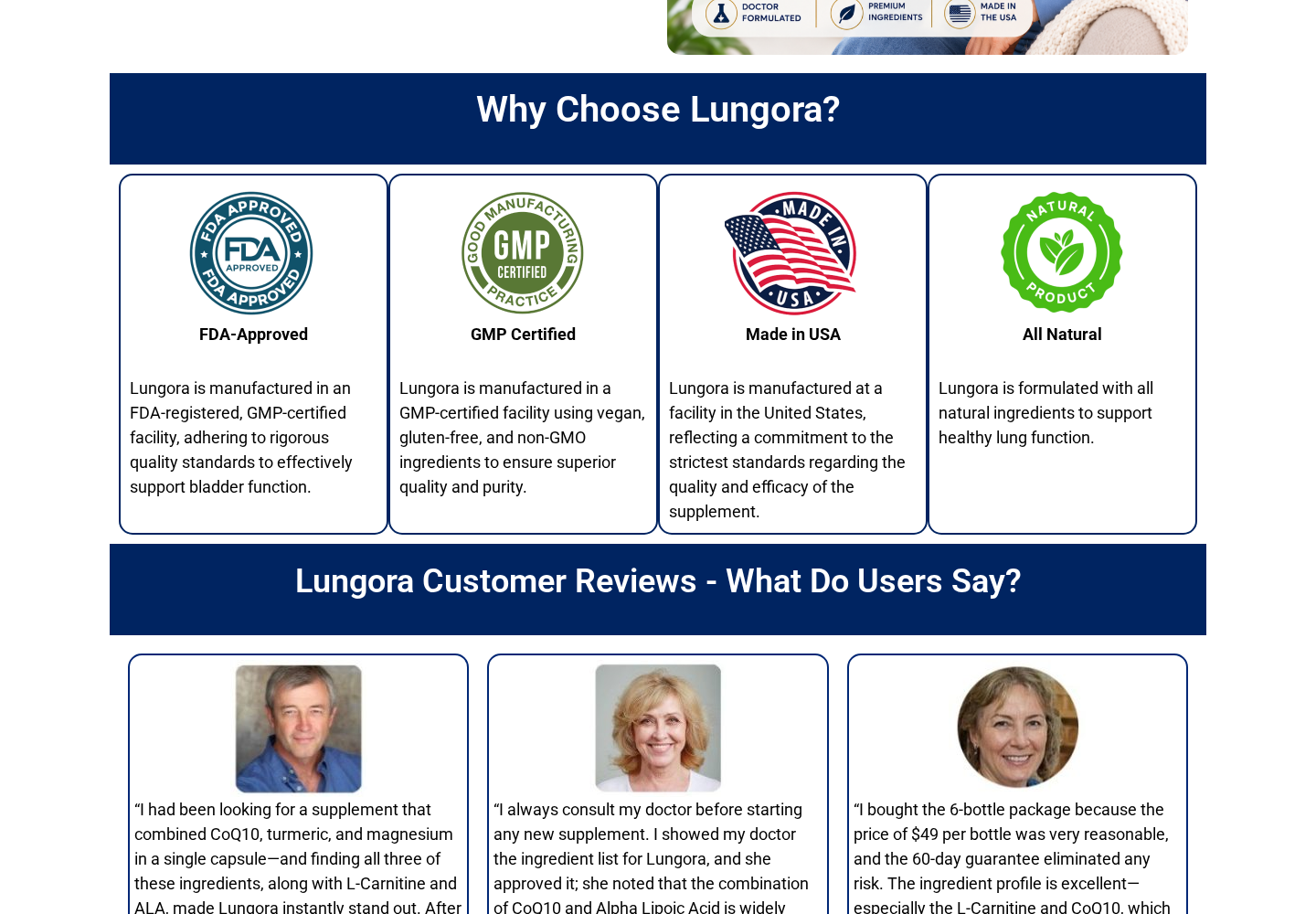 Lungora Review: FDA Badge, Conflicting Formulas and Return Risks Explained 2 Lungora page displaying an FDA-approved badge above facility-registration wording that refers to bladder function