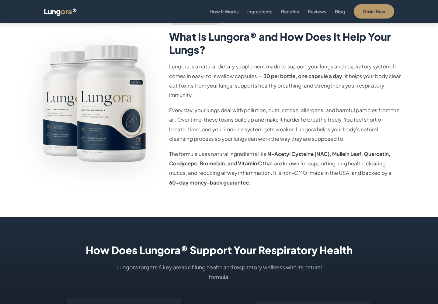 Lungora Review: FDA Badge, Conflicting Formulas and Return Risks Explained 3 Lungora-branded promotional About section naming NAC, mullein and other ingredients unlike the six-ingredient description on lungora.com