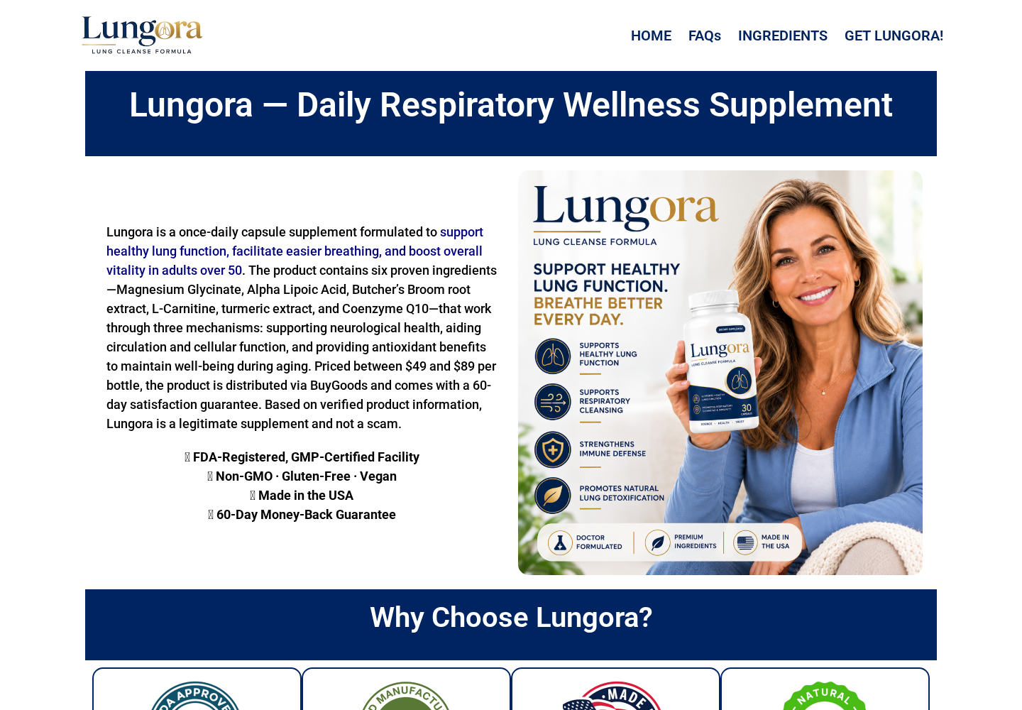Lungora Review: FDA Badge, Conflicting Formulas and Return Risks Explained 1 Lungora promotional page showing its capsule bottle, respiratory wellness claims and manufacturing badges